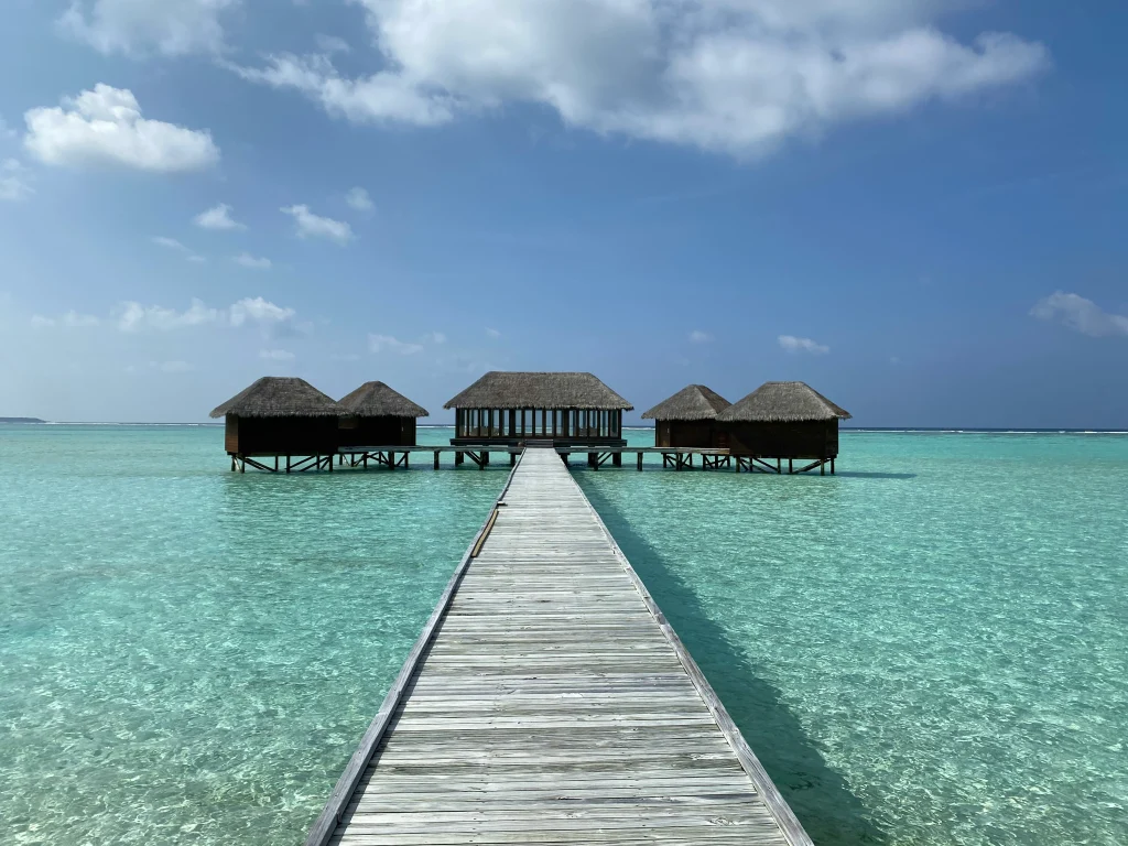 青い空とエメラルドグリーンの海が広がりヴィラへと続く真っ直ぐな道