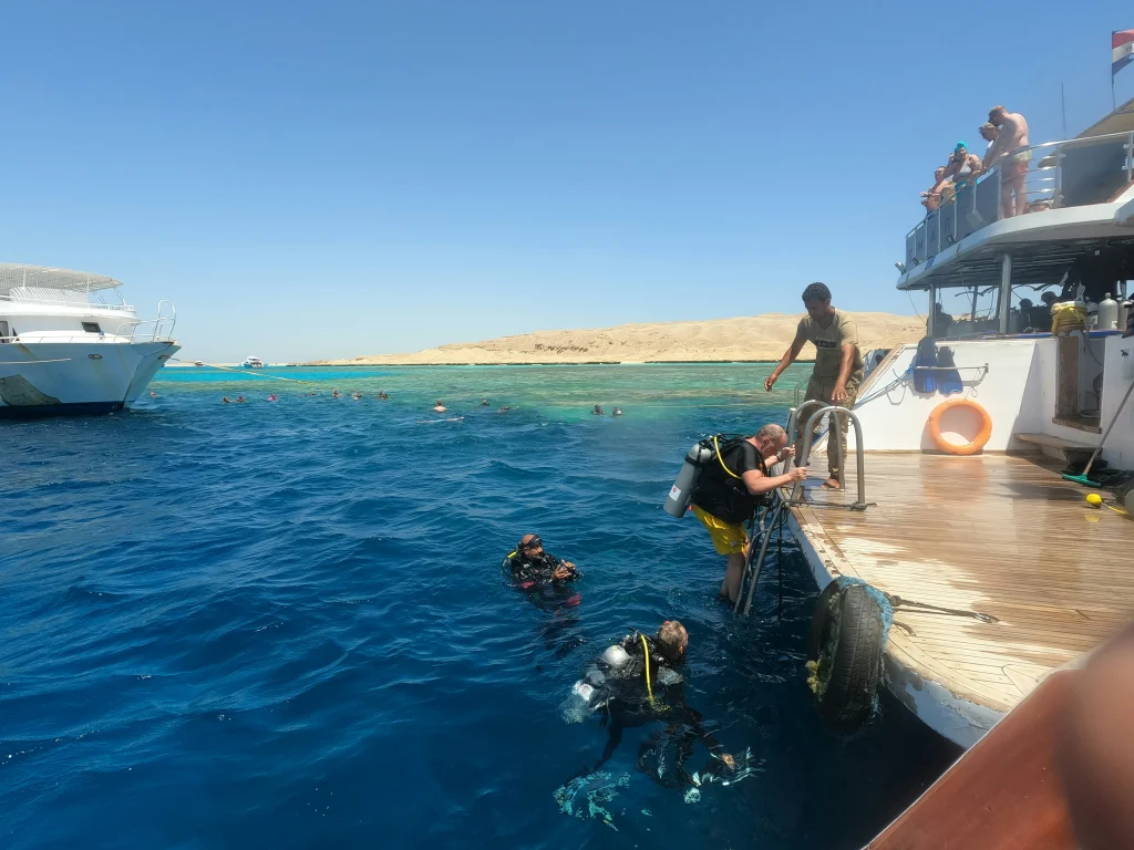 ダイビングクルーズの船から海に入るダイバー